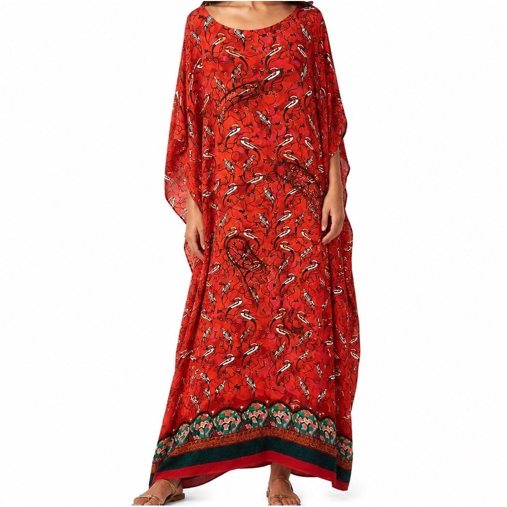 Chufy Bird Paradise Embroidered Maxi Kaftan Dress M Red Resort Boho Luxury Art